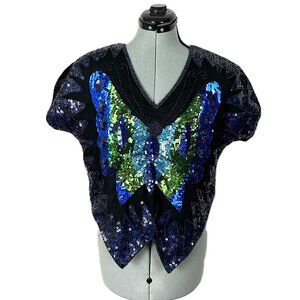 Vintage Phool Butterfly Blouse Sequined Boho Disco Sparkly V-neck PS